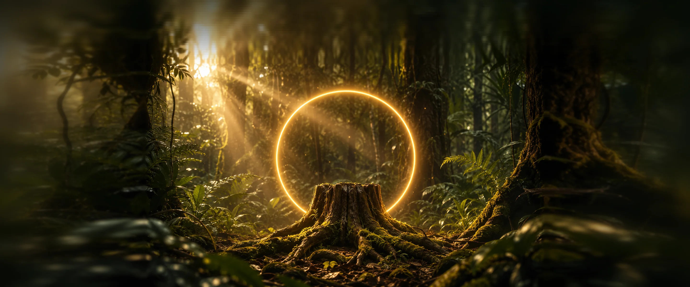Claro de selva con un tocón cubierto de musgo y un aro de luz dorada